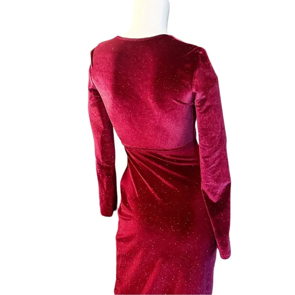 BERSHKA Velvet Dress Deep Red Gold Holiday Party Small Shimmer S - Picture 5 of 10